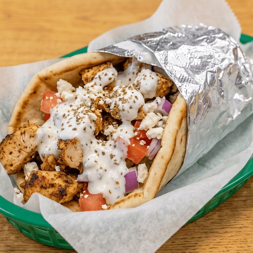 Chicken gyro pita topped with creamy sauce, feta, tomatoes, onions, and herbs in a green basket on a wooden table.