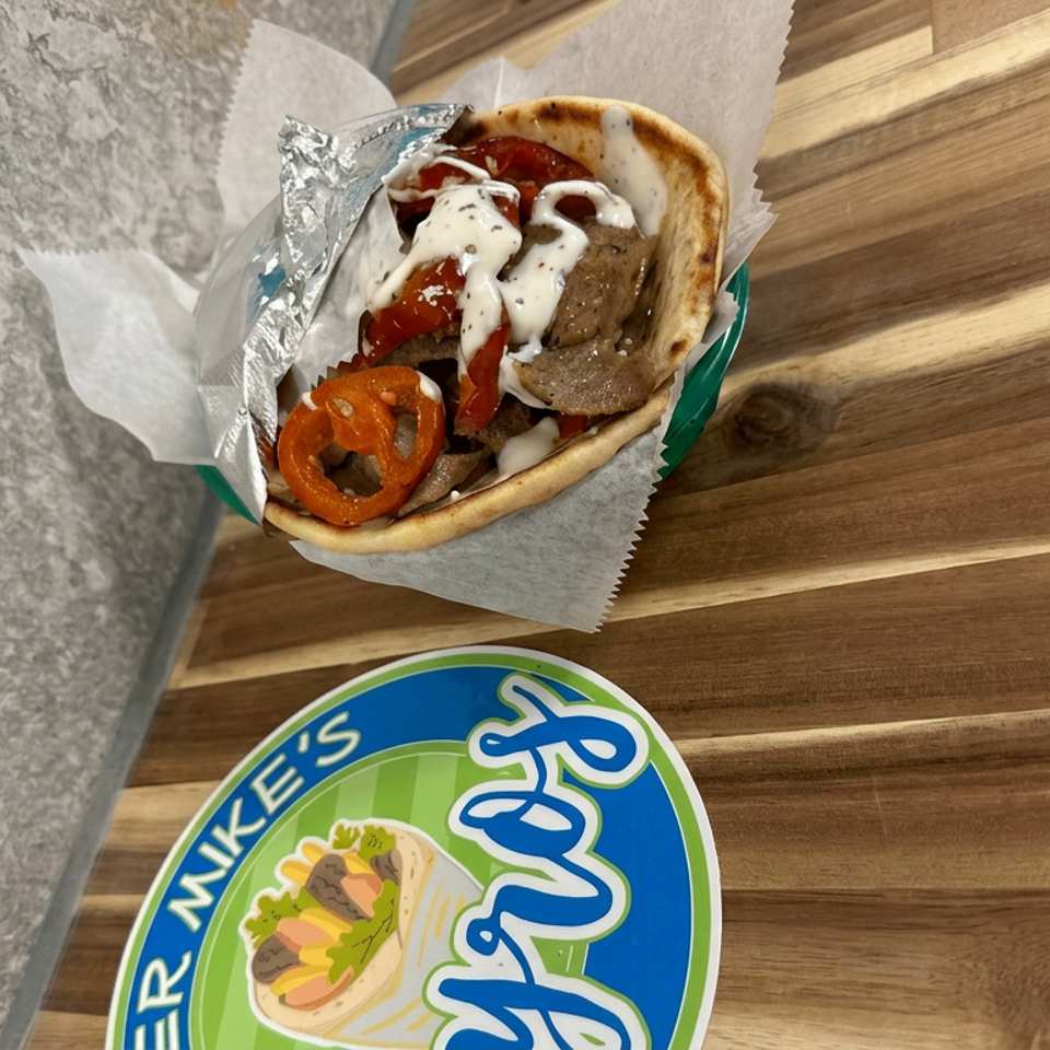 Gyro pita filled with sliced meat, tomatoes, onions, and creamy sauce beside a colorful restaurant logo on a wooden table.