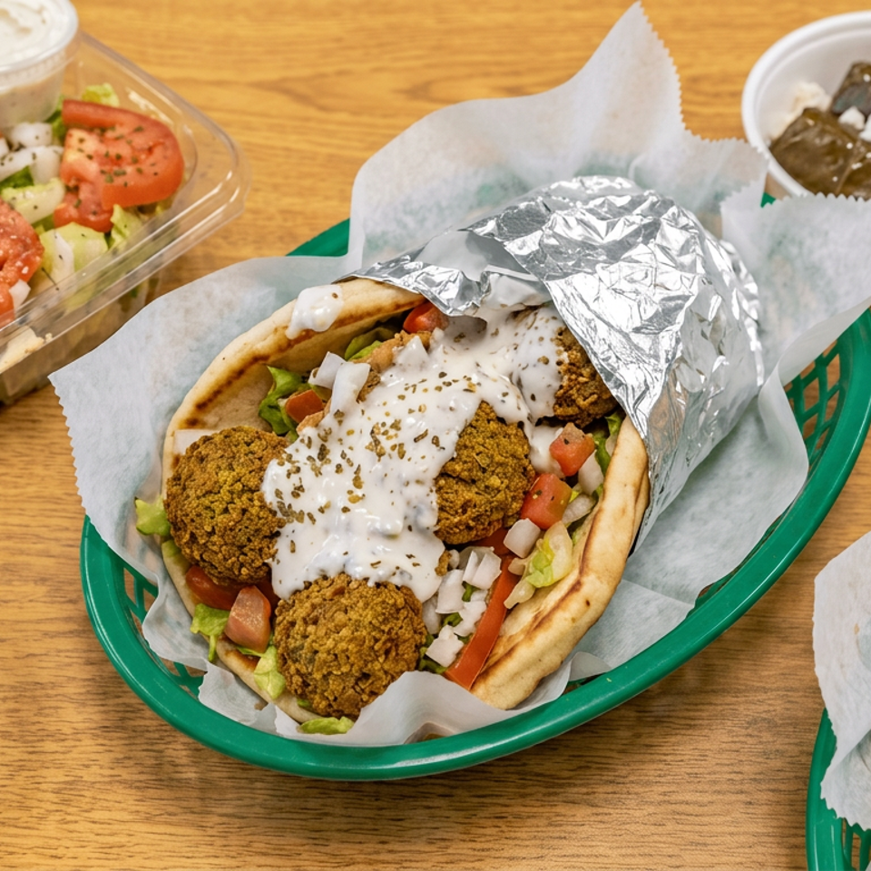Falafel pita topped with tahini, alongside Greek salad, stuffed grape leaves, pita bread, and a container of sauce on a wooden table.