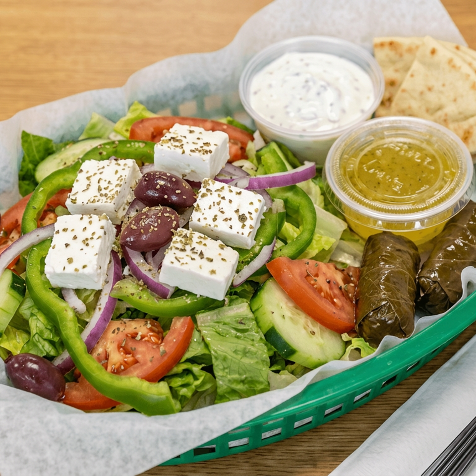 Greek salad with feta, olives, vegetables, stuffed grape leaves, pita bread, and dipping sauces in a green basket.