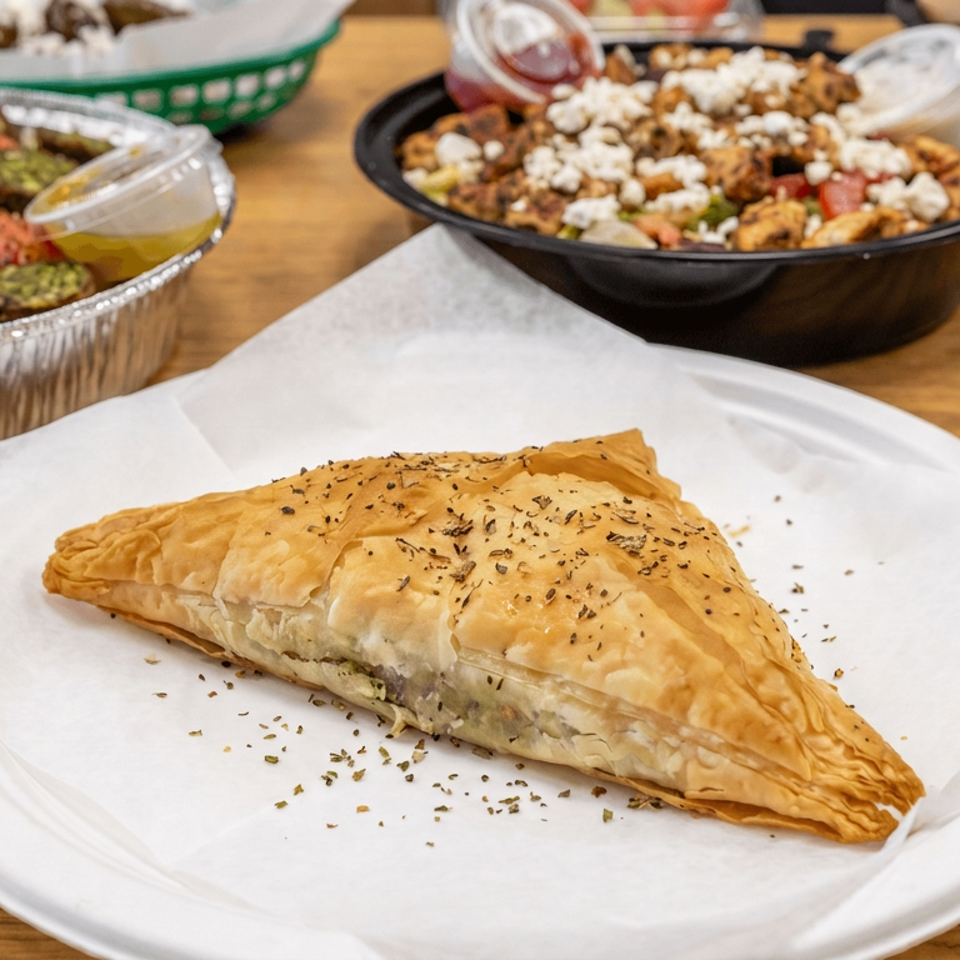 Golden flaky spinach-and-cheese pastry on a white plate, surrounded by falafel, salad, rice, and creamy dip.