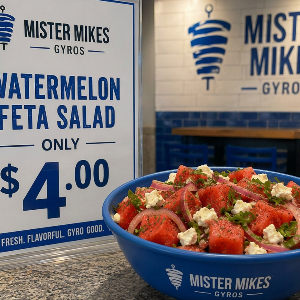 Blue bowl of watermelon feta salad with onions and herbs beside a Mister Mikes Gyros promotional sign.