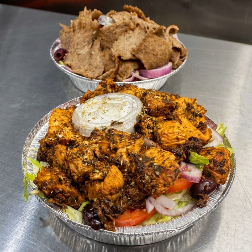 Aluminum trays hold grilled spiced chicken over salad with dressing, alongside pita chips, onions, and olives on a metal counter.