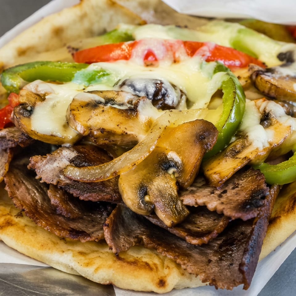 Open pita sandwich piled with sliced meat, mushrooms, melted cheese, green peppers, red peppers, and onions.