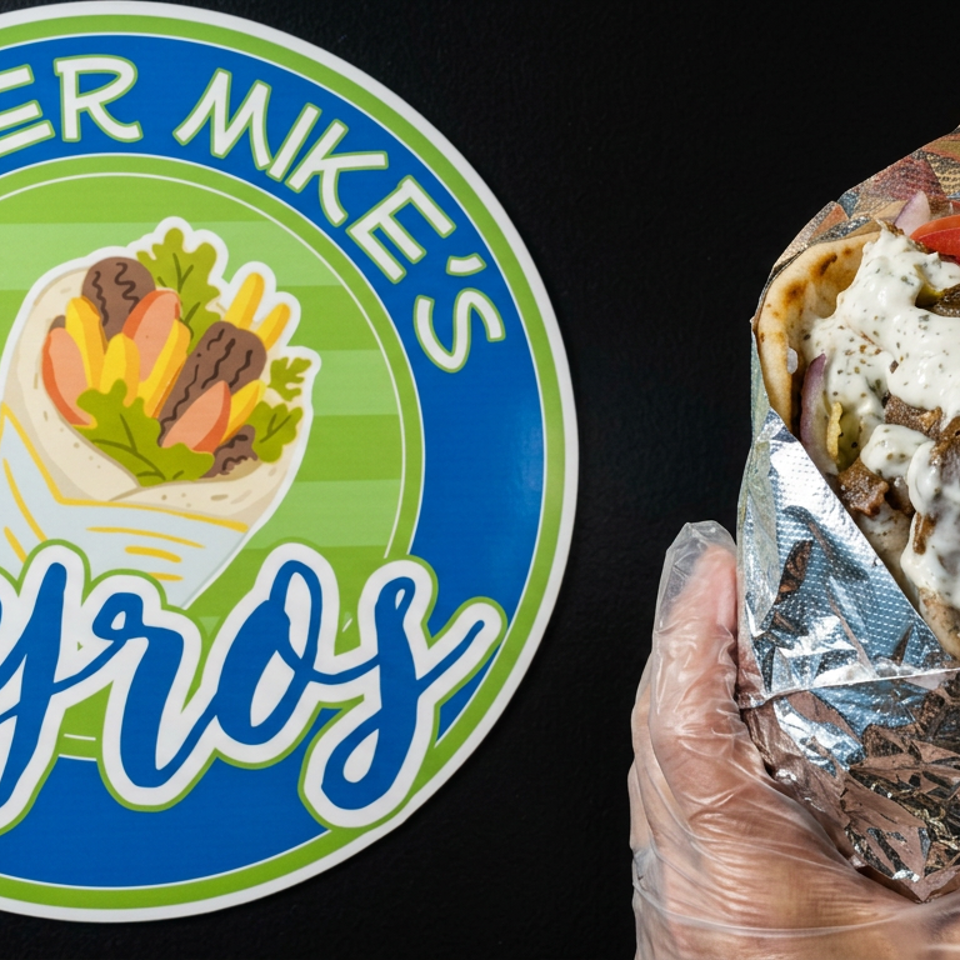Gyros pita wrapped in foil, filled with seasoned meat, tzatziki, tomato, lettuce, and red onion beside a Mister Mike’s Gyros logo.