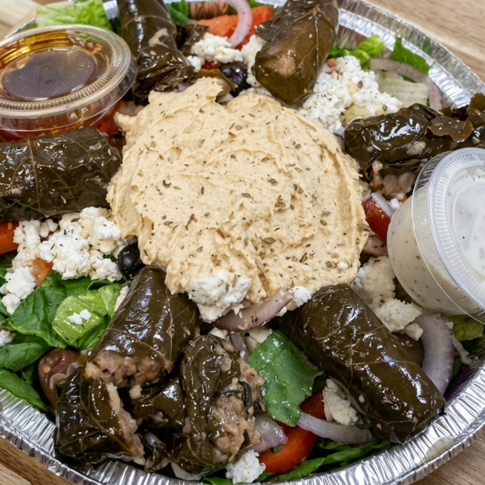 Mediterranean platter with stuffed grape leaves, hummus, rice, salad greens, feta, tomatoes, olives, and dipping sauces.