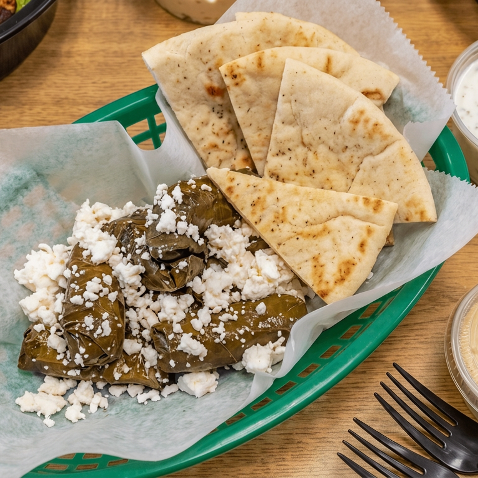 Green basket holding grape leaves topped with crumbled feta and toasted pita wedges, accompanied by creamy dips on a wooden table.
