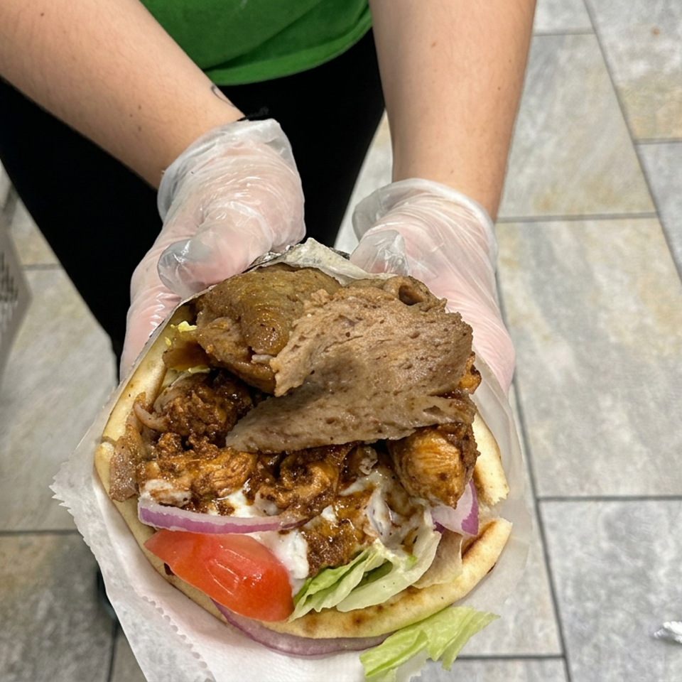 Gloved restaurant worker holds a pita sandwich filled with sliced meat, fries, lettuce, tomato, onion, and creamy sauce.