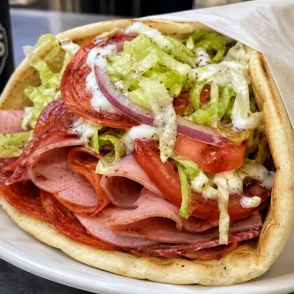 Loaded gyro pita with ham, salami, lettuce, tomatoes, onions, and creamy dressing on a plate beside a Genuine Gyros cup.