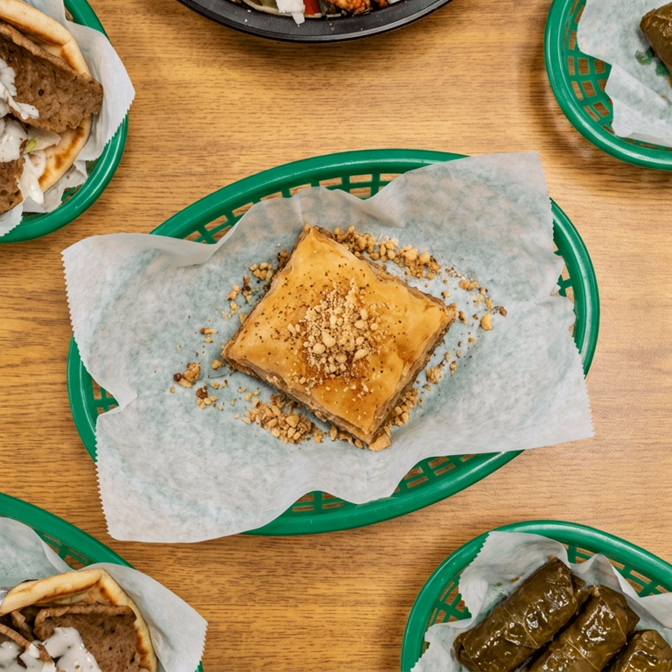 Overhead view of Mediterranean dishes including gyros, stuffed grape leaves, baklava, Greek salad, and tzatziki on a wooden table.